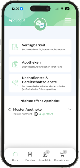 ApoScout app home screen showing three option cards: Verfügbarkeit, Apotheken, Nachtdienste/Bereitschaftsdienste with icons and subtitles in German.