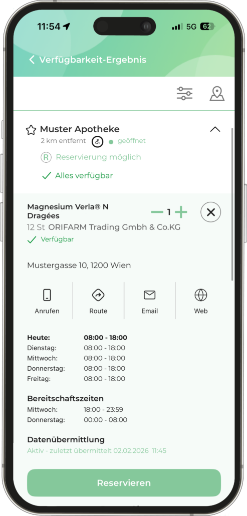 Interface showing pharmacy availability: 'Muster Apotheke' 2 km away, geöffnet; 'Reservierung möglich' status; address Mustergasse 10, 1200 Wien; Reserve button at bottom