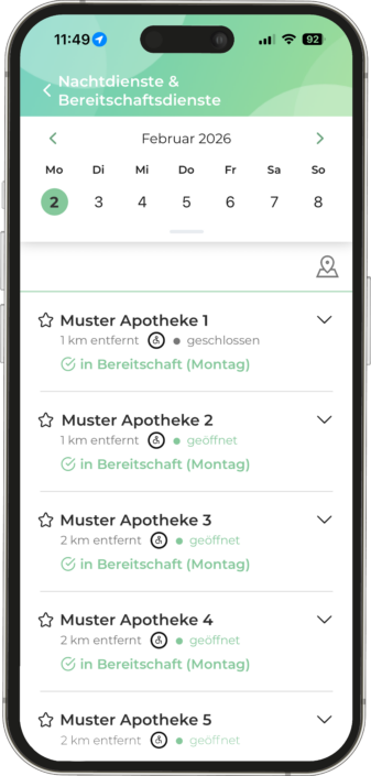 Mobile app screen showing February 2026 calendar header and a list of nearby pharmacies marked "in Bereitschaft (Montag)" with status icons.